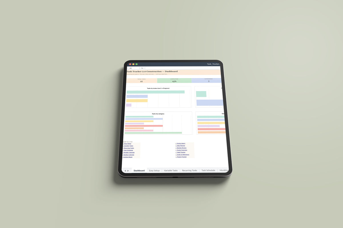 Task Tracker Construction Excel template on an iPad Pro