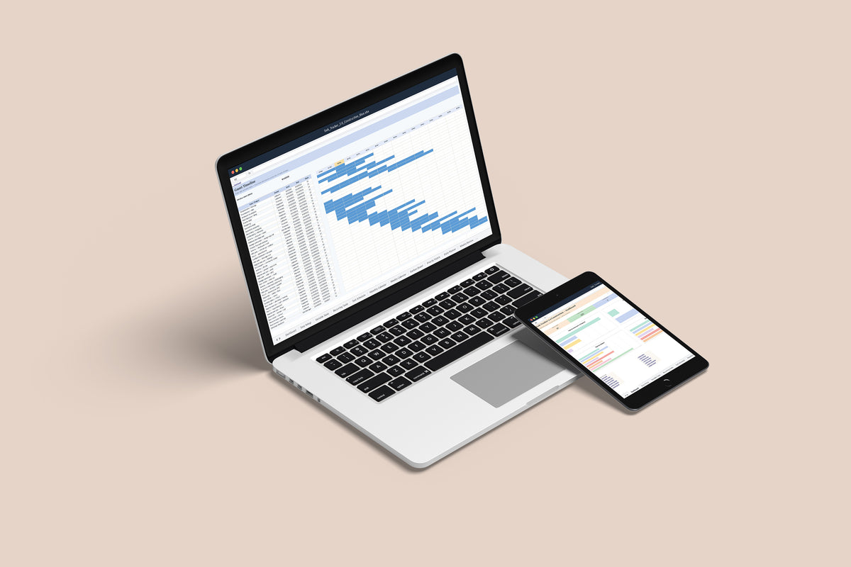 Task Tracker Construction Excel template on a MacBook and iPad, second view