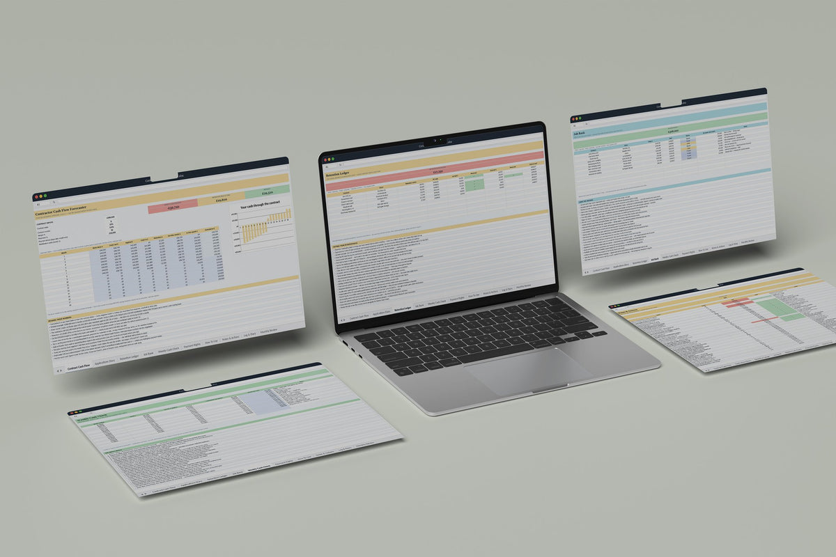 Contractor Cash Flow Excel template, Retention Ledger tab on a laptop screen