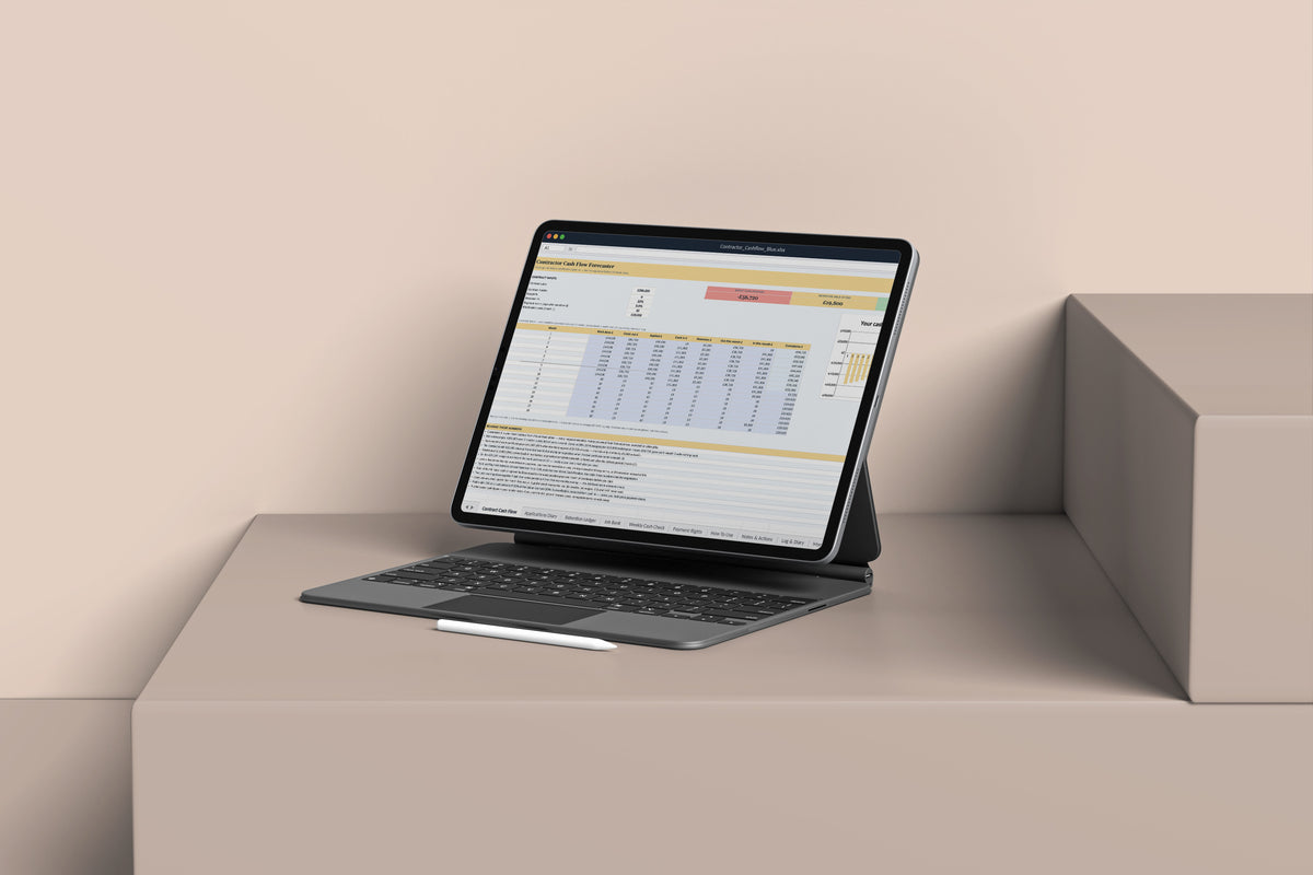 Contractor Cashflow Excel template on an iPad with keyboard