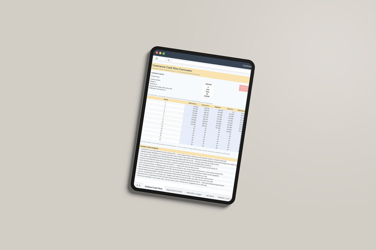 Contractor Cashflow Excel template on an iPad Pro