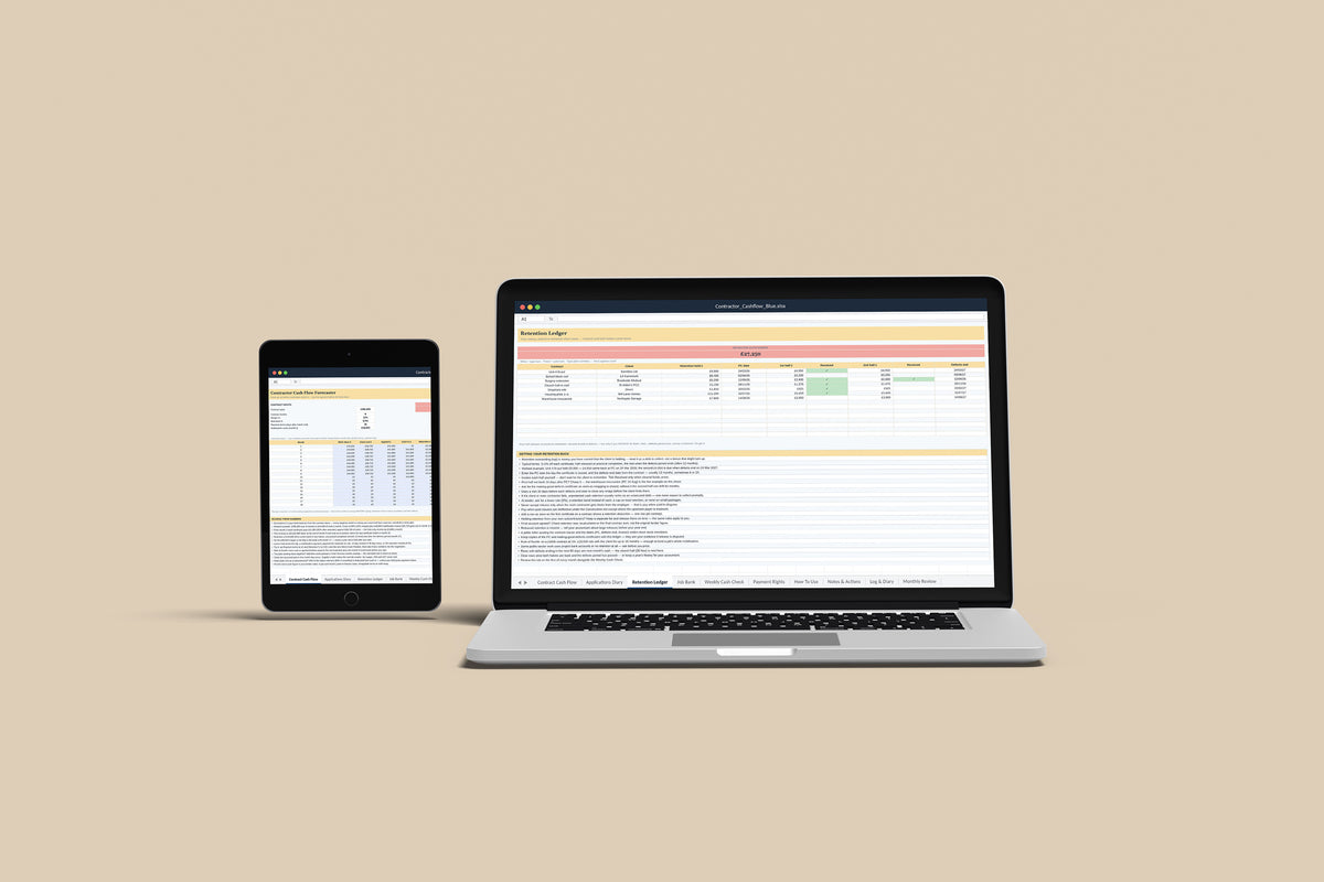 Contractor Cashflow Excel template on a MacBook and iPad, second view