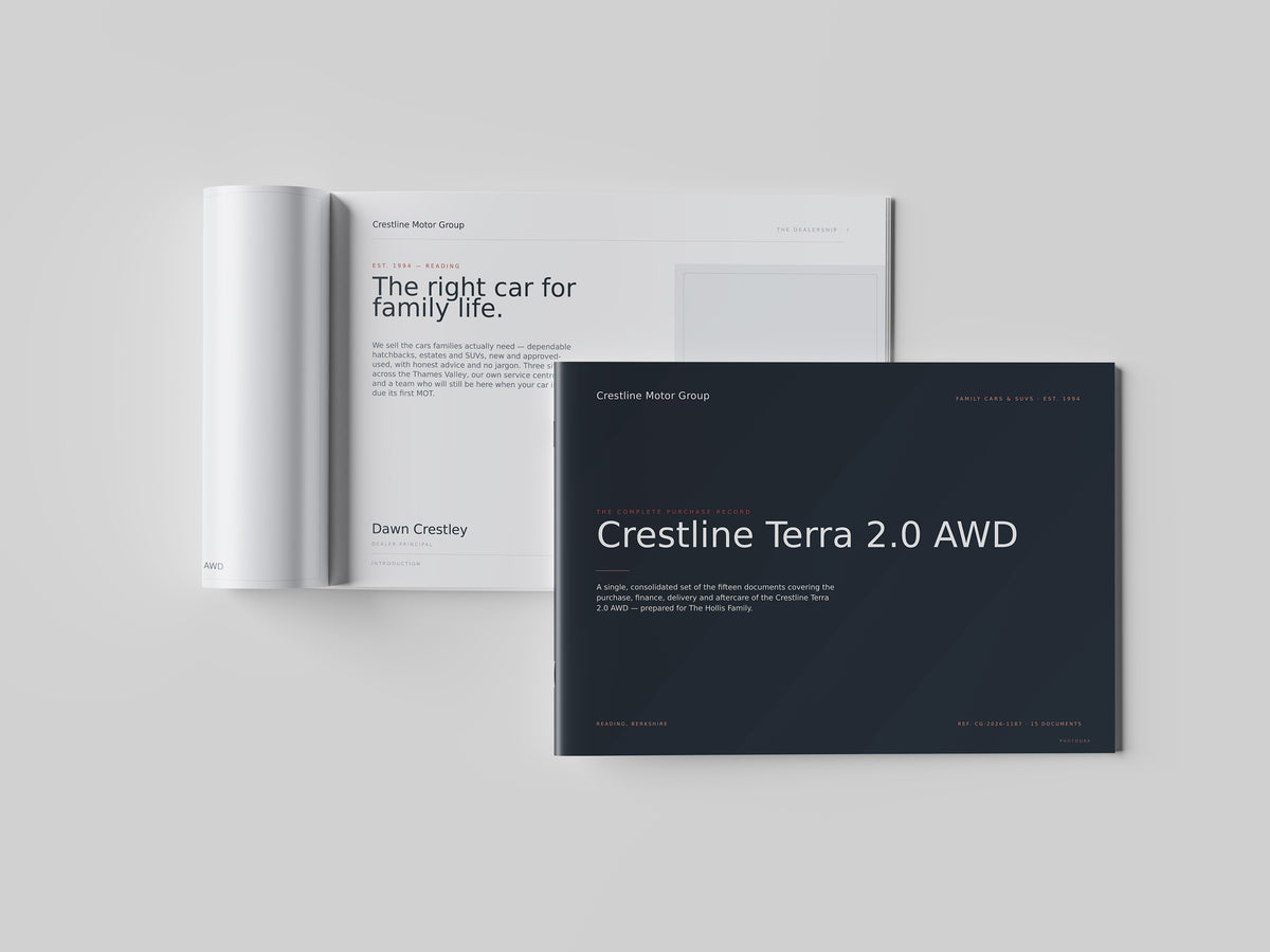 Car Dealer Customer Pack in PowerPoint, printed and open at an inside page