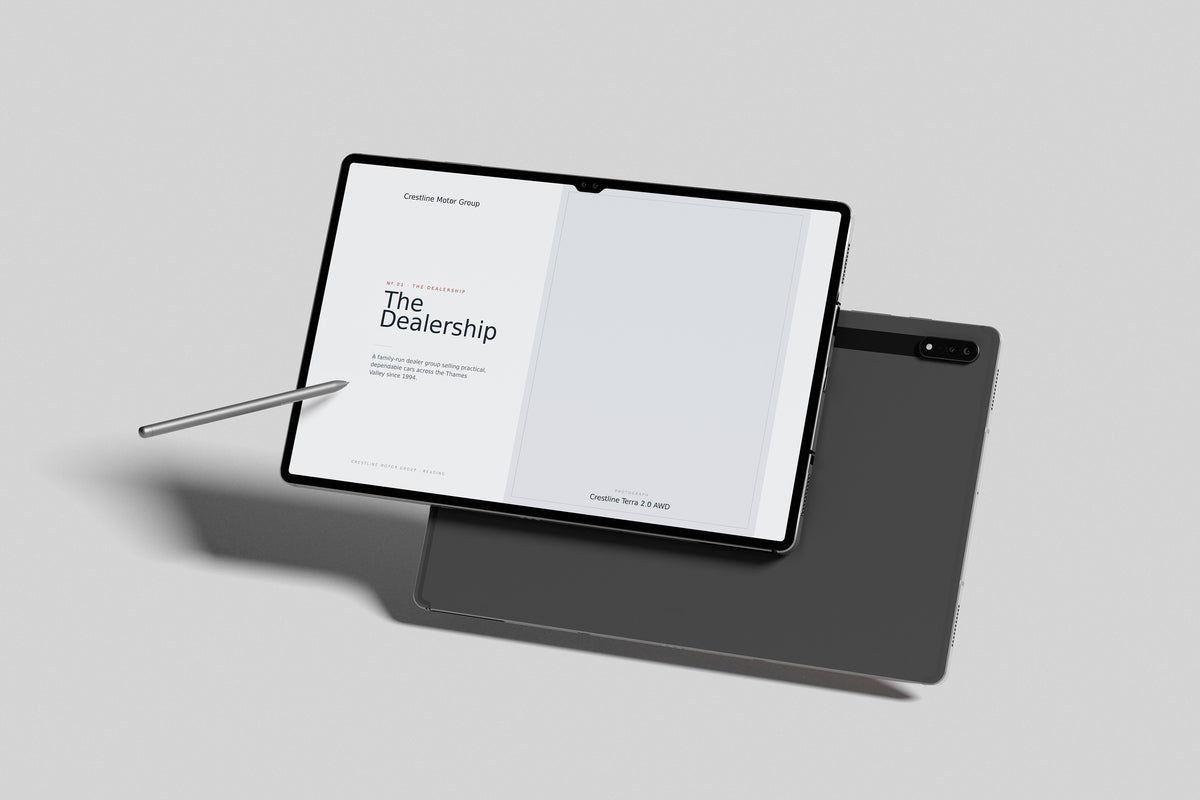 Car Dealer Customer Pack in PowerPoint, inside pages shown on a tablet