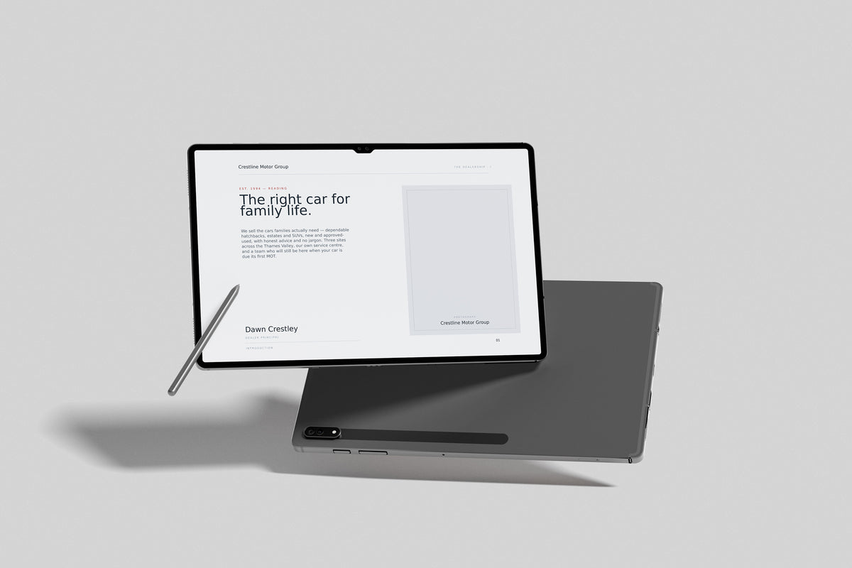Car Dealer Customer Pack in PowerPoint, inside pages shown on a tablet