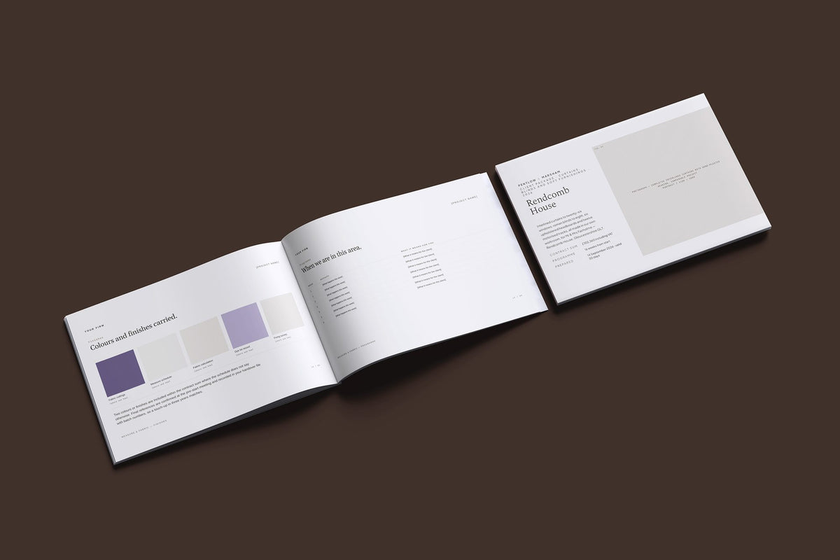 Curtains and Blinds Client Package, Oat colourway, cover and inside spread mockup