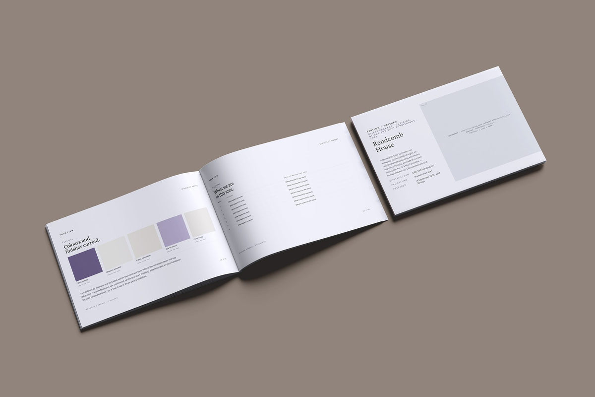 Curtains and Blinds Client Package, Slate colourway, cover and inside spread mockup