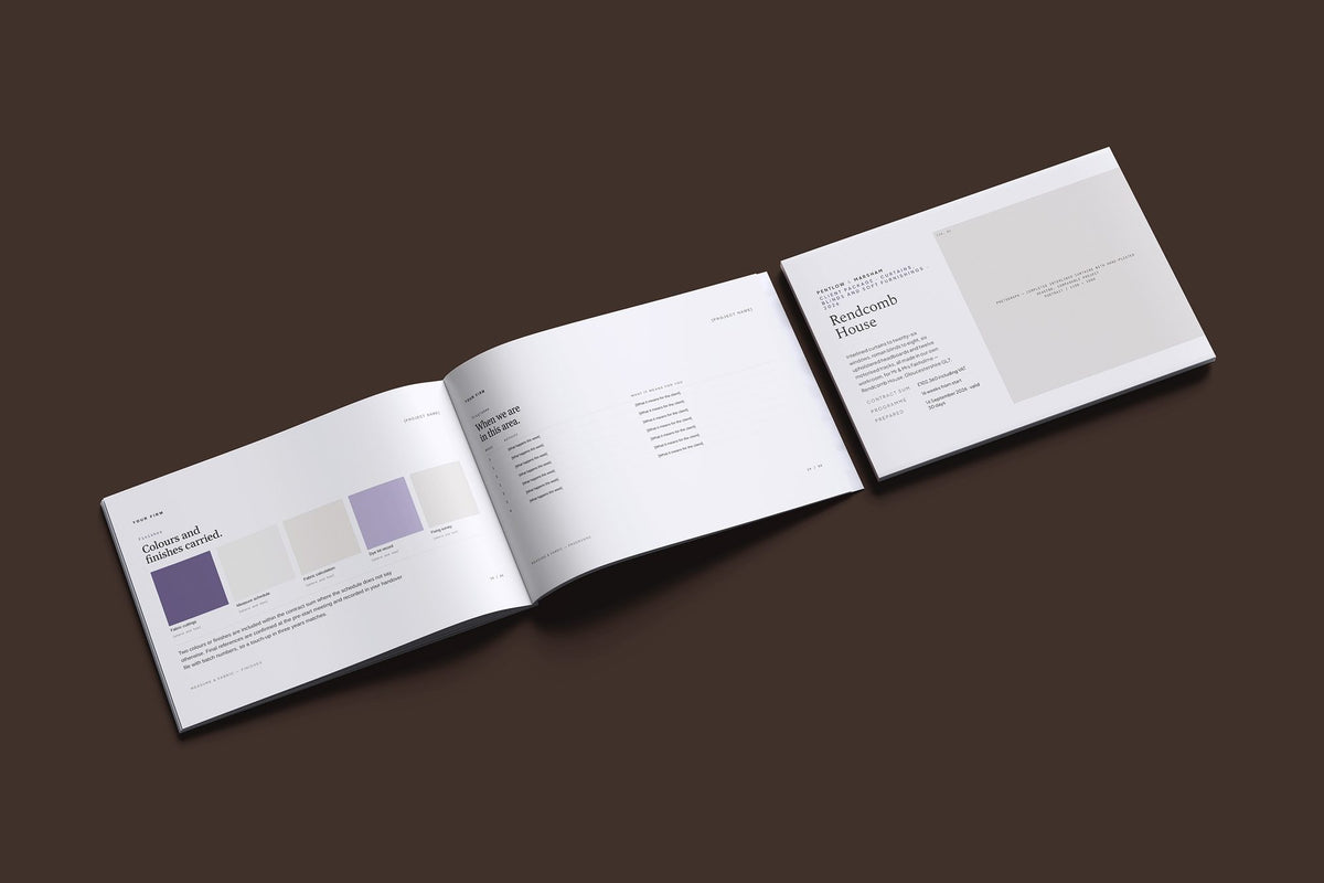 Curtains and Blinds Client Package, Standard colourway, cover and inside spread mockup