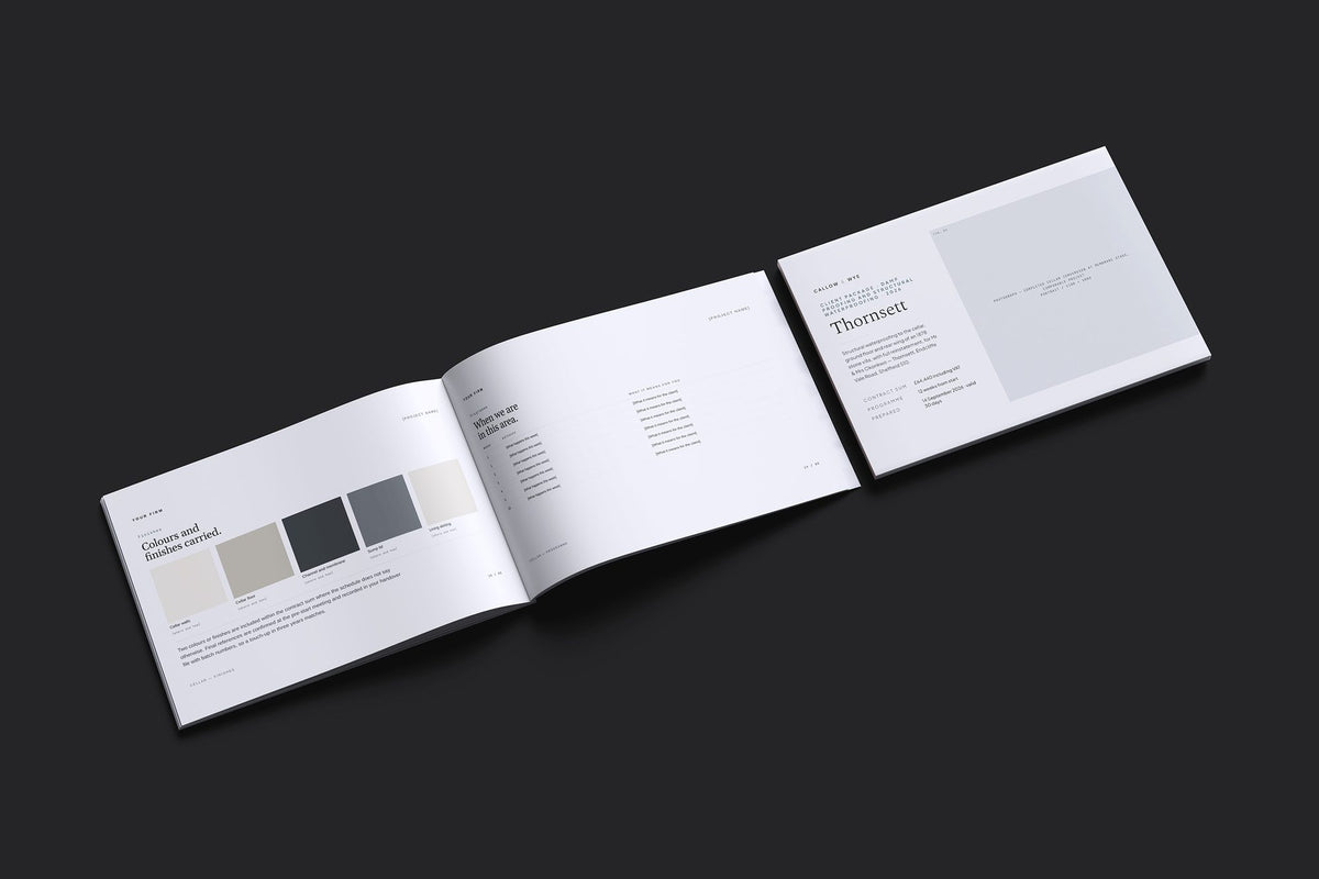 Damp Proofing Client Package, Slate colourway, cover and inside spread mockup