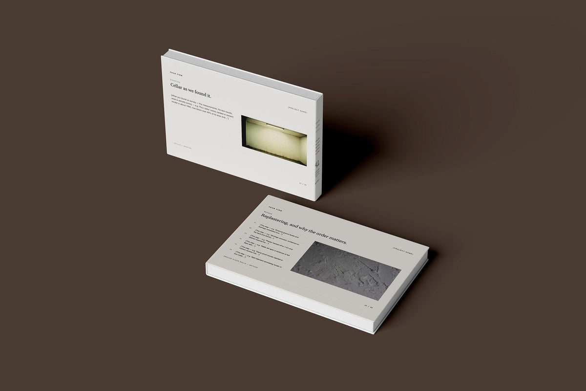 Damp Proofing Client Package, Standard colourway, floating books mockup