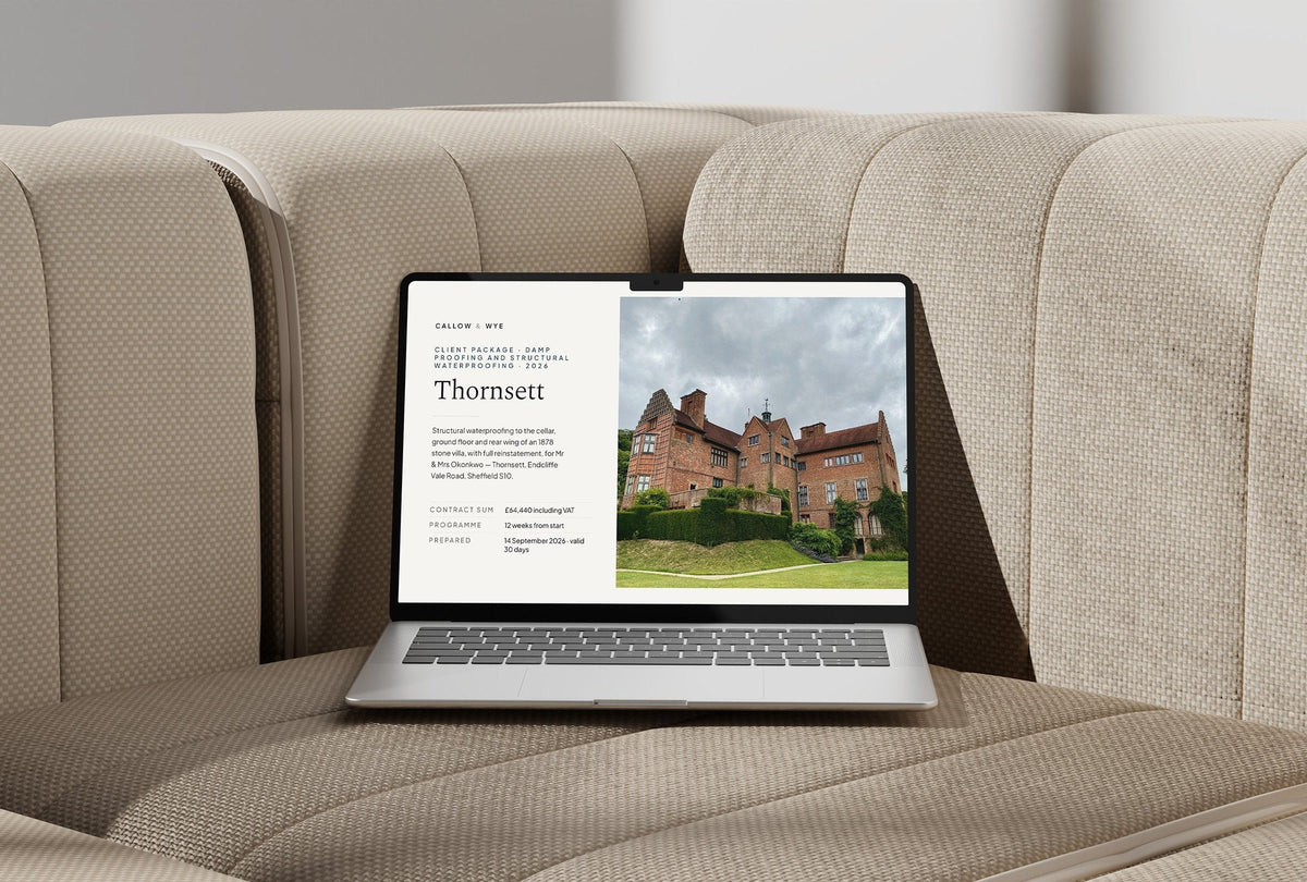 Damp Proofing Client Package, Standard colourway, laptop screen mockup