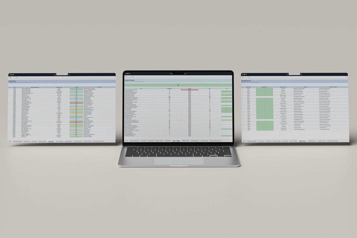 Day Rate Calculator Excel template, Goals and Targets tab on a laptop screen