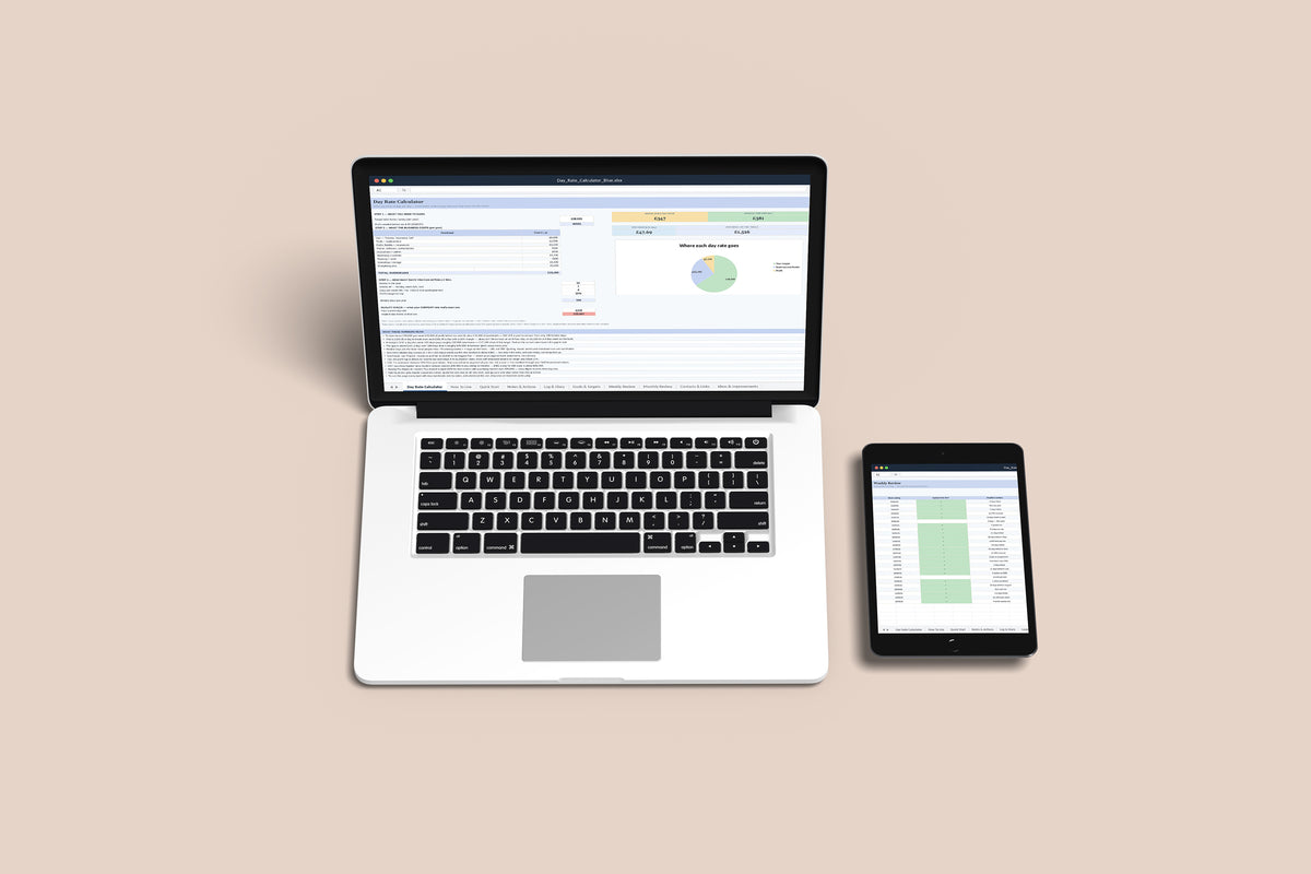 Day Rate Calculator Excel template on a MacBook and iPad