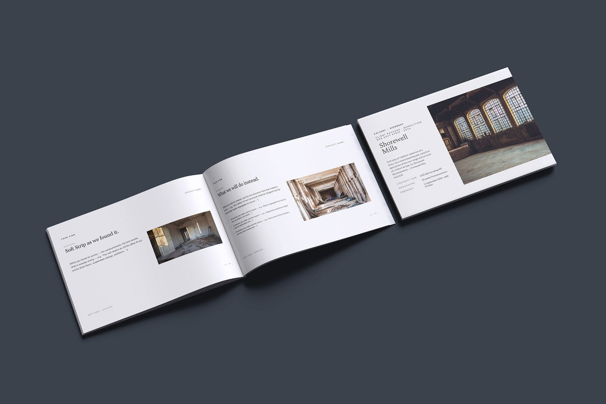 Demolition Client Package, Ivory colourway, cover and inside spread mockup