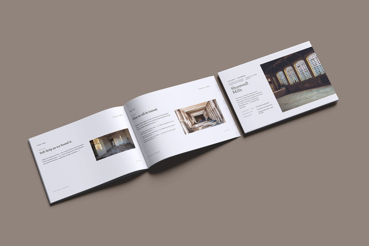 Demolition Client Package, Slate colourway, cover and inside spread mockup