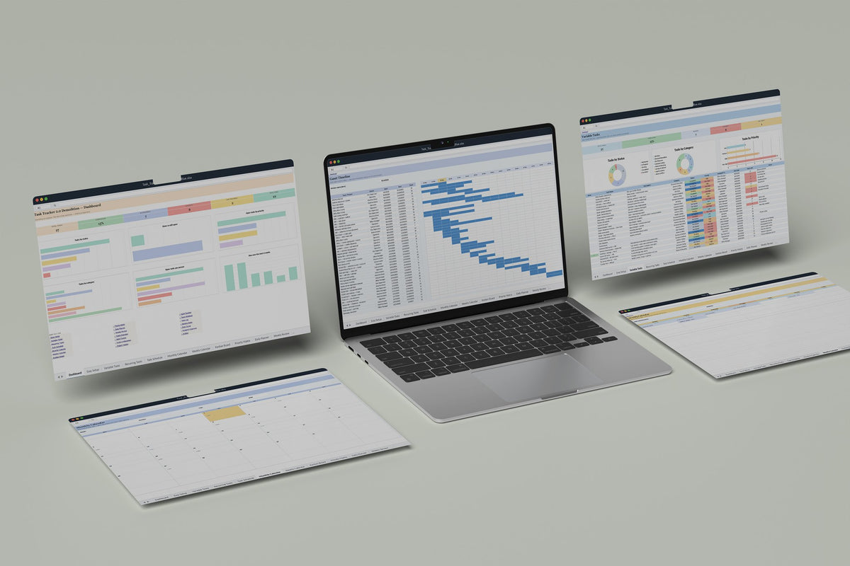 Demolition Task Tracker 2.0 Excel template, Gantt Timeline tab on a laptop screen