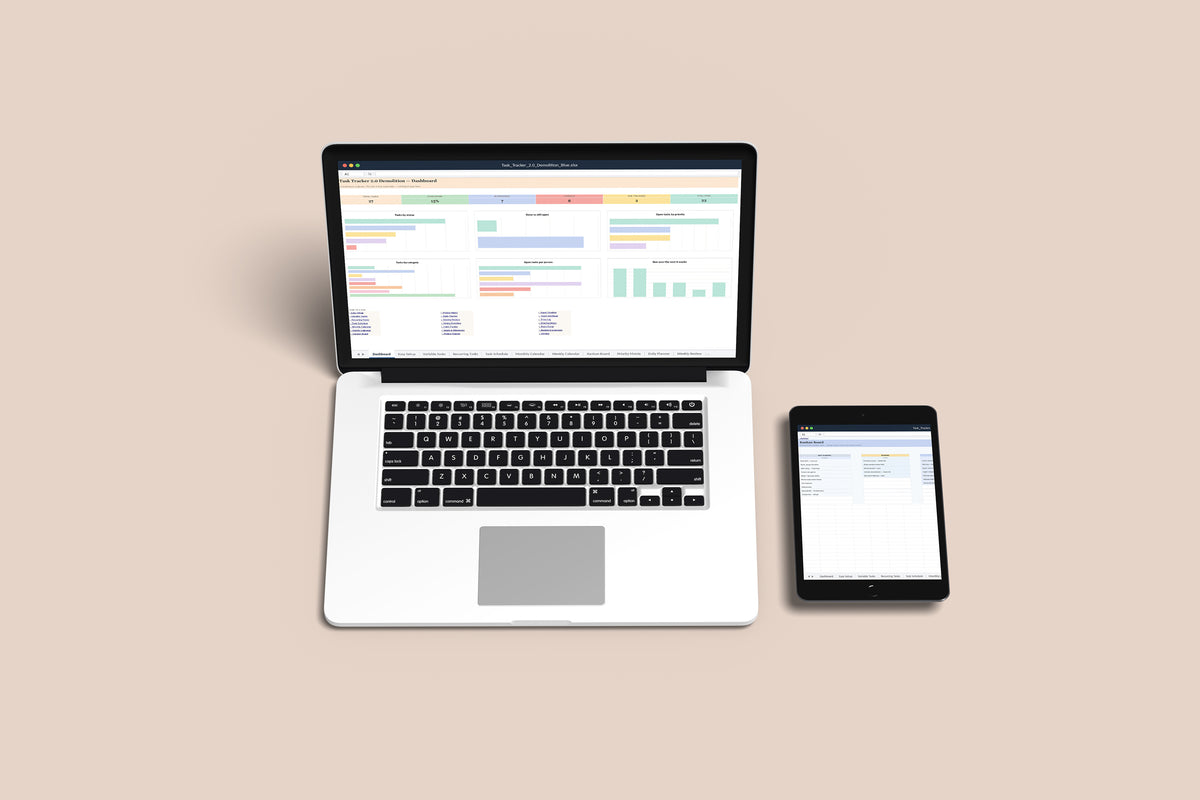 Task Tracker Demolition Excel template on a MacBook and iPad