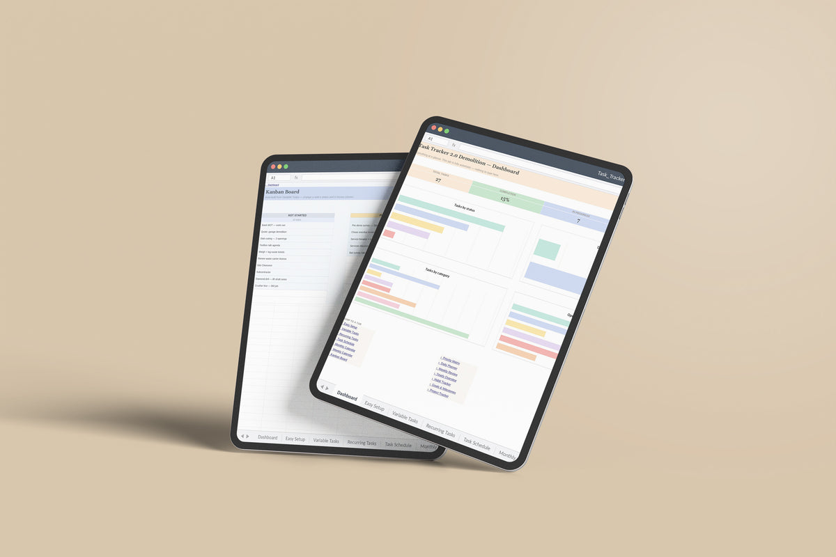 Task Tracker Demolition Excel template on an iPad Pro