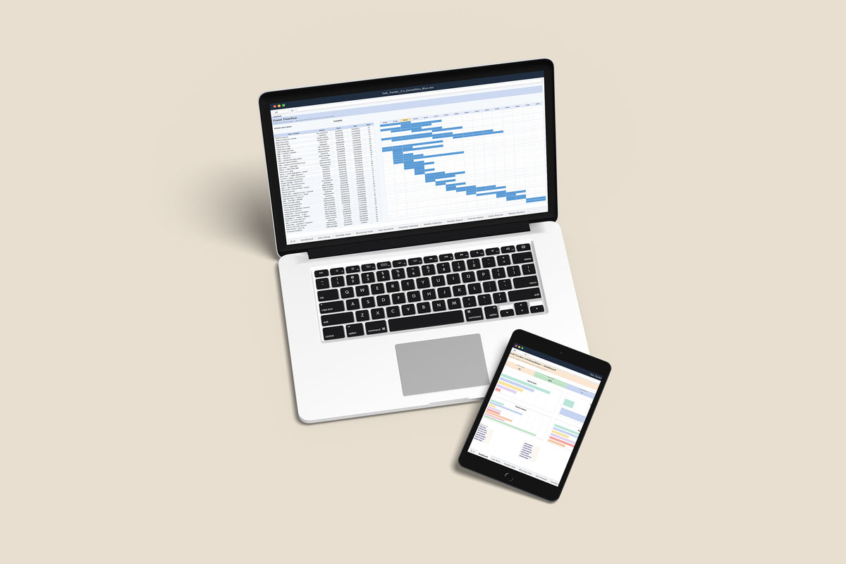 Task Tracker Demolition Excel template on a MacBook and iPad, second view
