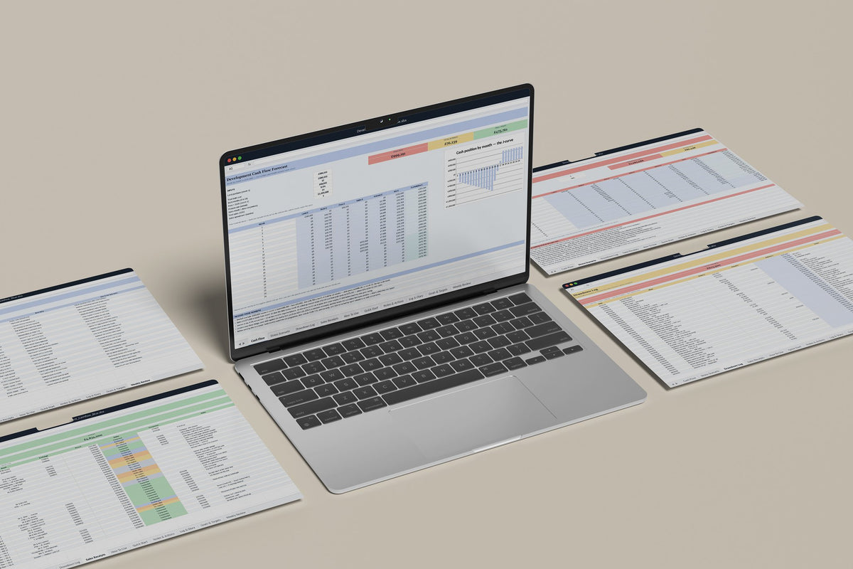 Development Cash Flow Excel template, Cash Flow tab on a laptop screen