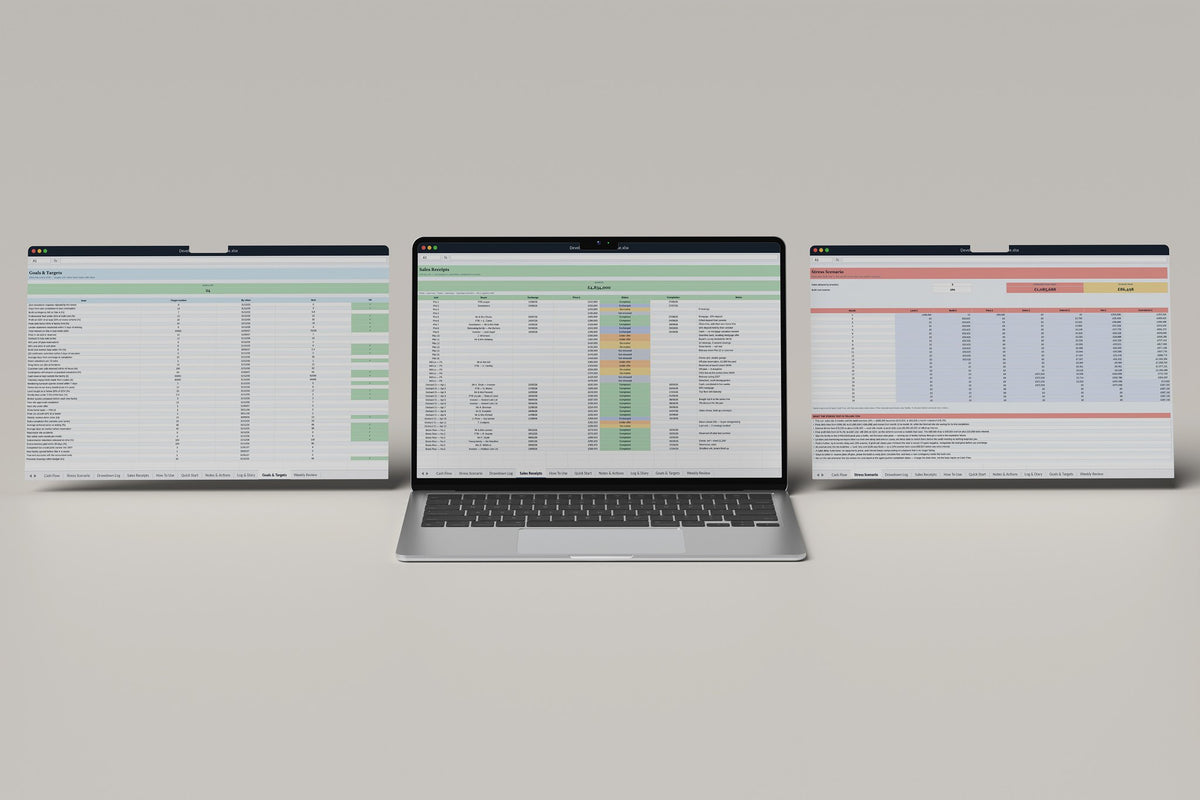 Development Cash Flow Excel template, Sales Receipts tab on a laptop screen