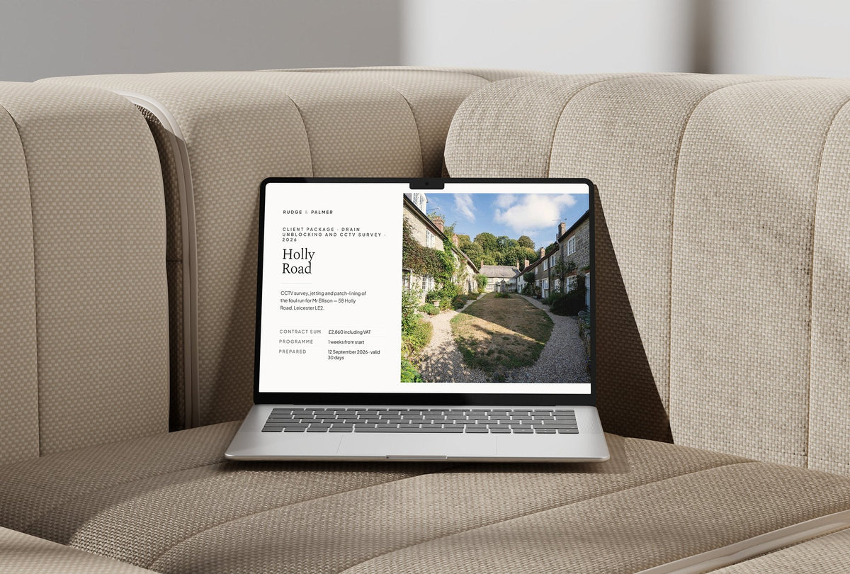 Drain Unblocking and CCTV Survey Client Package, Ivory colourway, laptop screen mockup