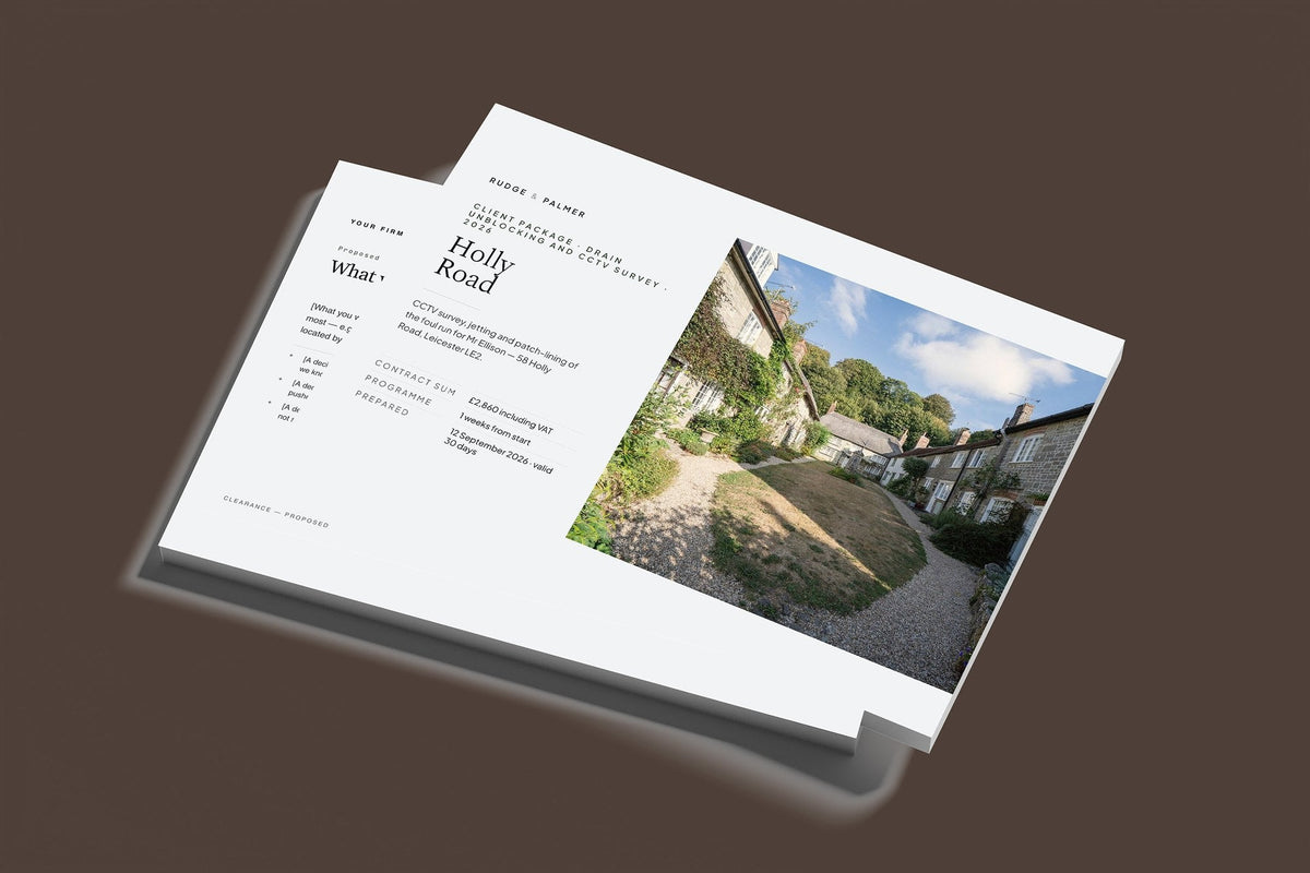 Drain Unblocking and CCTV Survey Client Package, Slate colourway, stacked books mockup