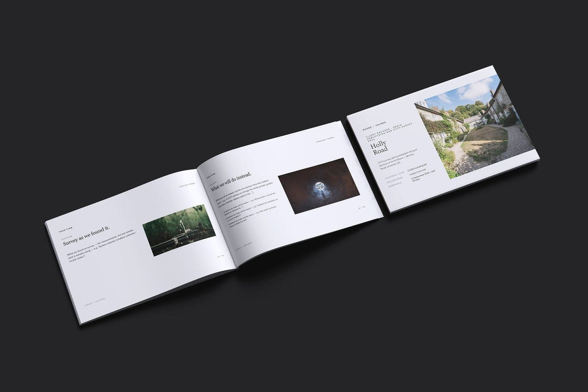 Drain Unblocking and CCTV Survey Client Package, Slate colourway, cover and inside spread mockup