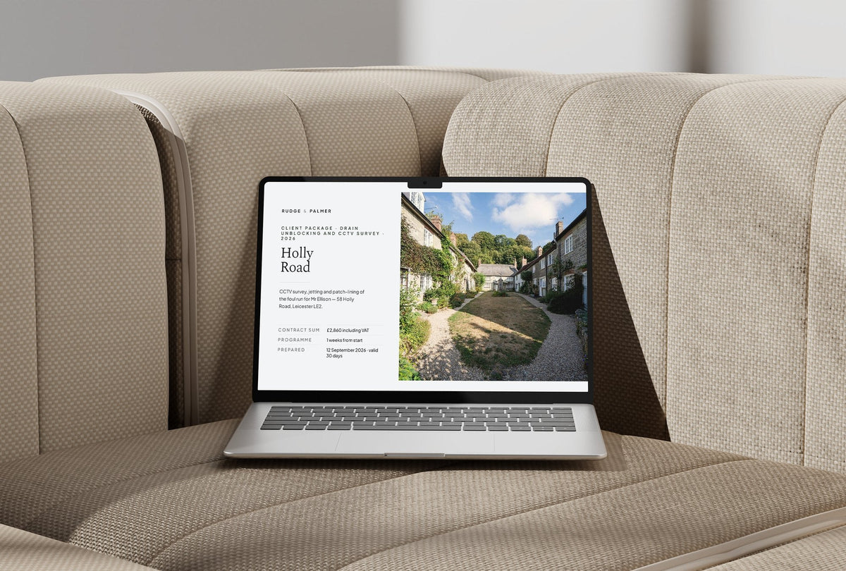 Drain Unblocking and CCTV Survey Client Package, Slate colourway, laptop screen mockup