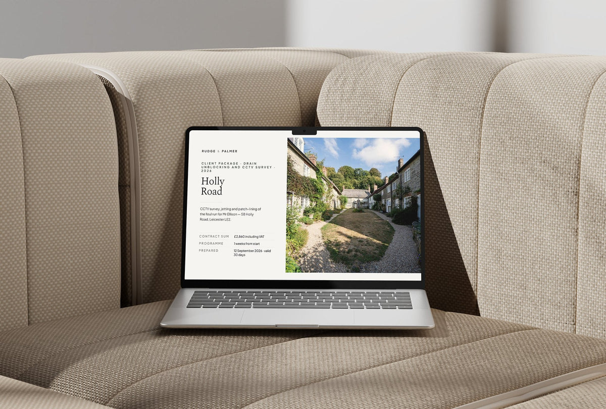 Drain Unblocking and CCTV Survey Client Package, Standard colourway, laptop screen mockup