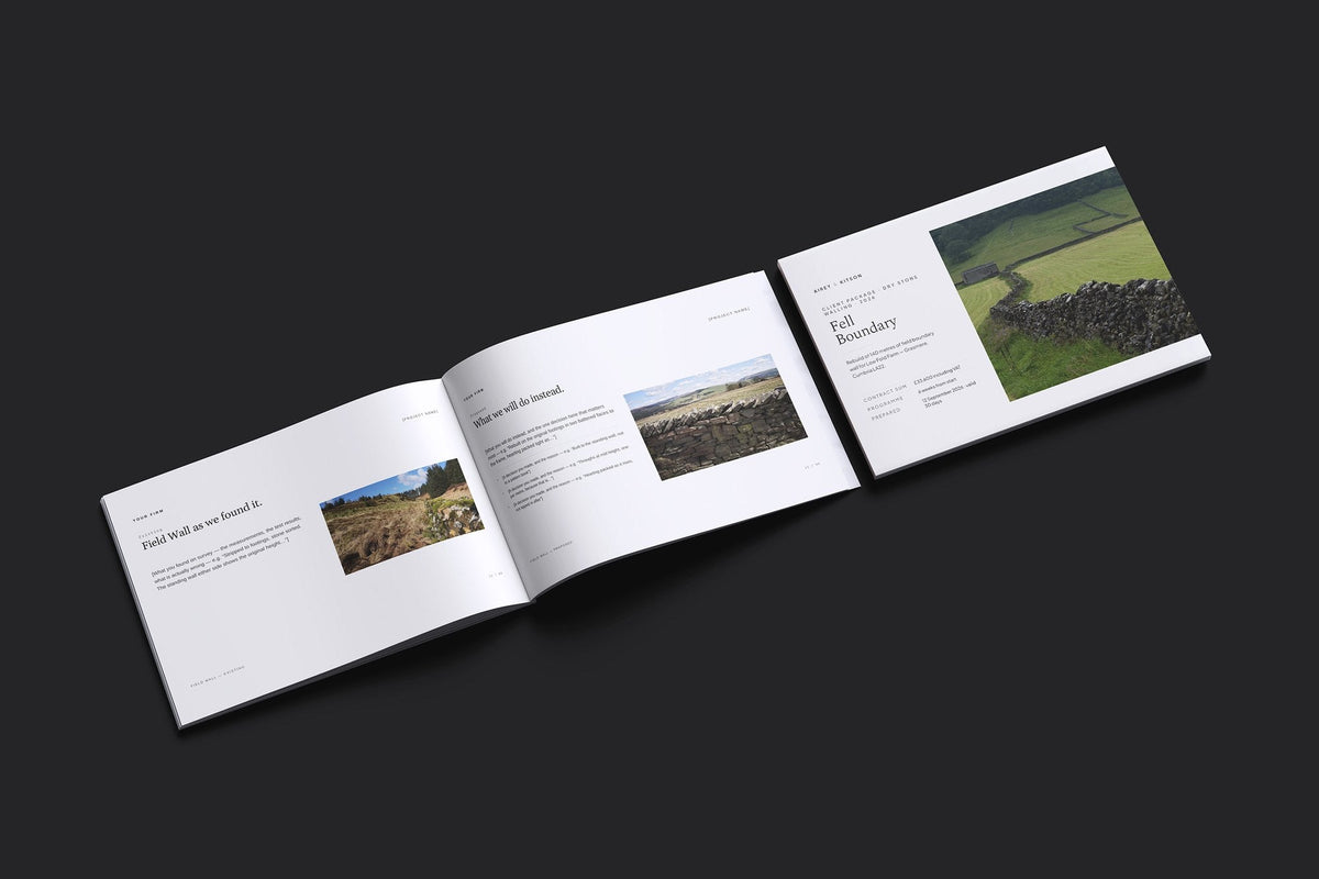 Dry Stone Walling Client Package, Ivory colourway, cover and inside spread mockup