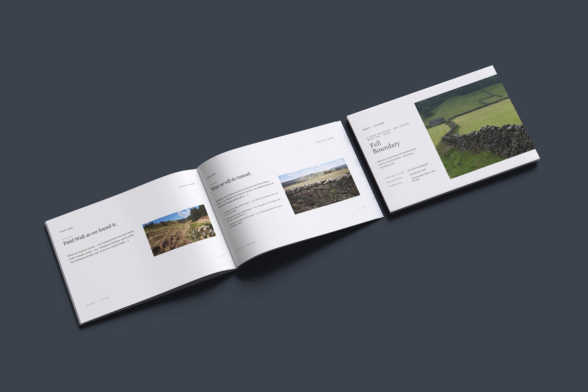 Dry Stone Walling Client Package, Oat colourway, cover and inside spread mockup