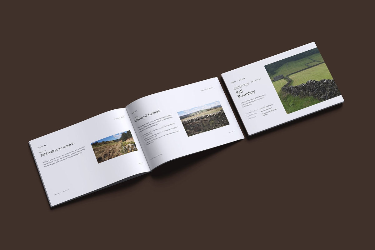 Dry Stone Walling Client Package, Slate colourway, cover and inside spread mockup