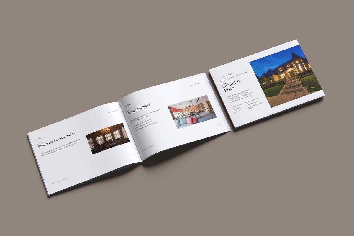 Electrician Client Package, Ivory colourway, cover and inside spread mockup