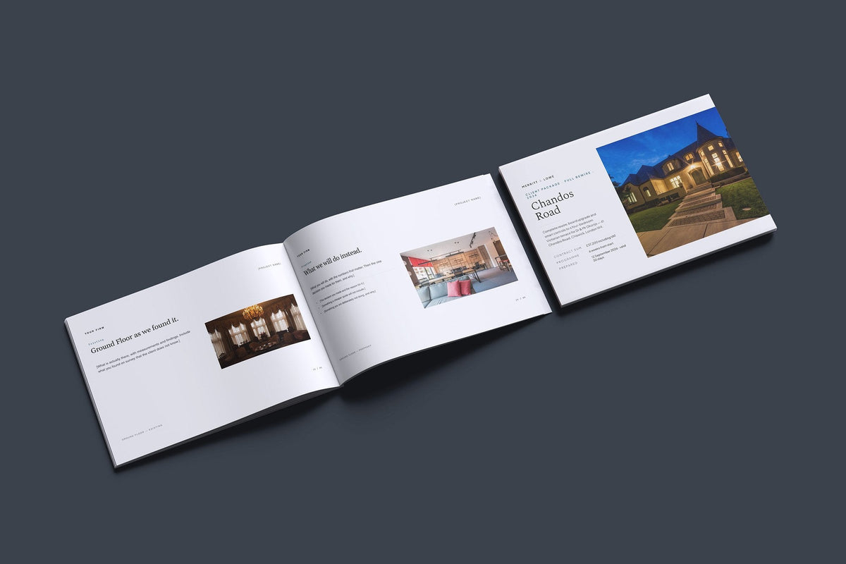 Electrician Client Package, Slate colourway, cover and inside spread mockup
