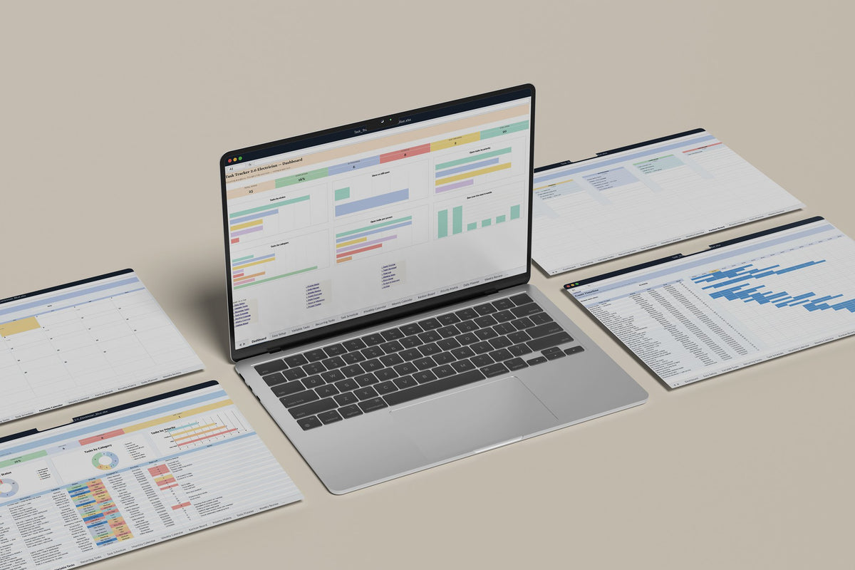 Electrician Task Tracker 2.0 Excel template, Dashboard tab on a laptop screen