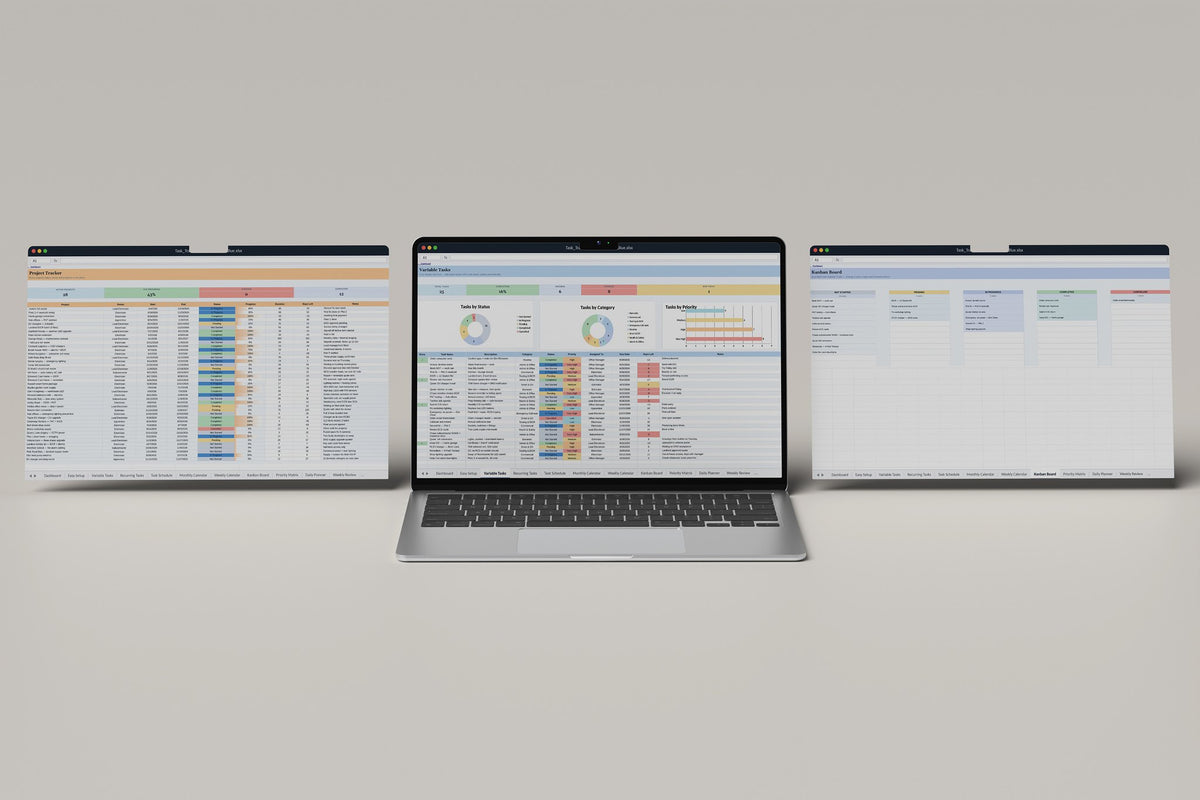 Electrician Task Tracker 2.0 Excel template, Variable Tasks tab on a laptop screen