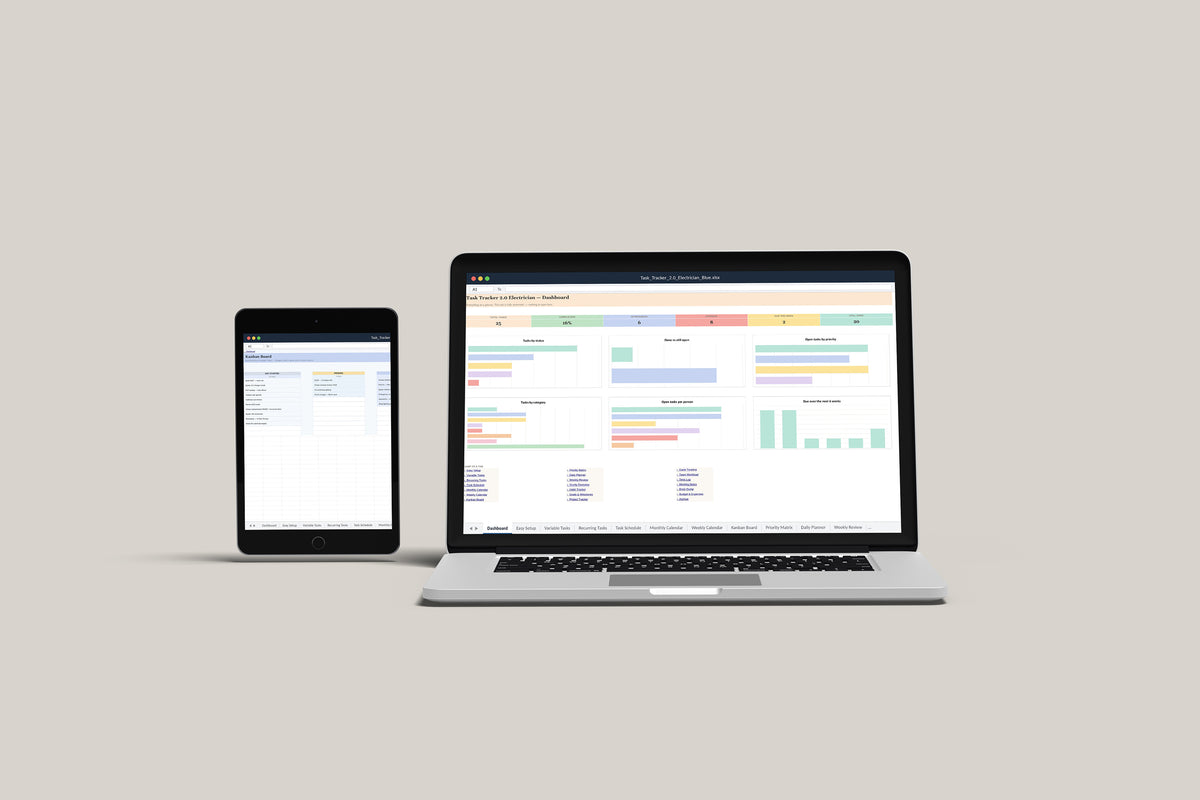 Task Tracker Electrician Excel template on a MacBook and iPad