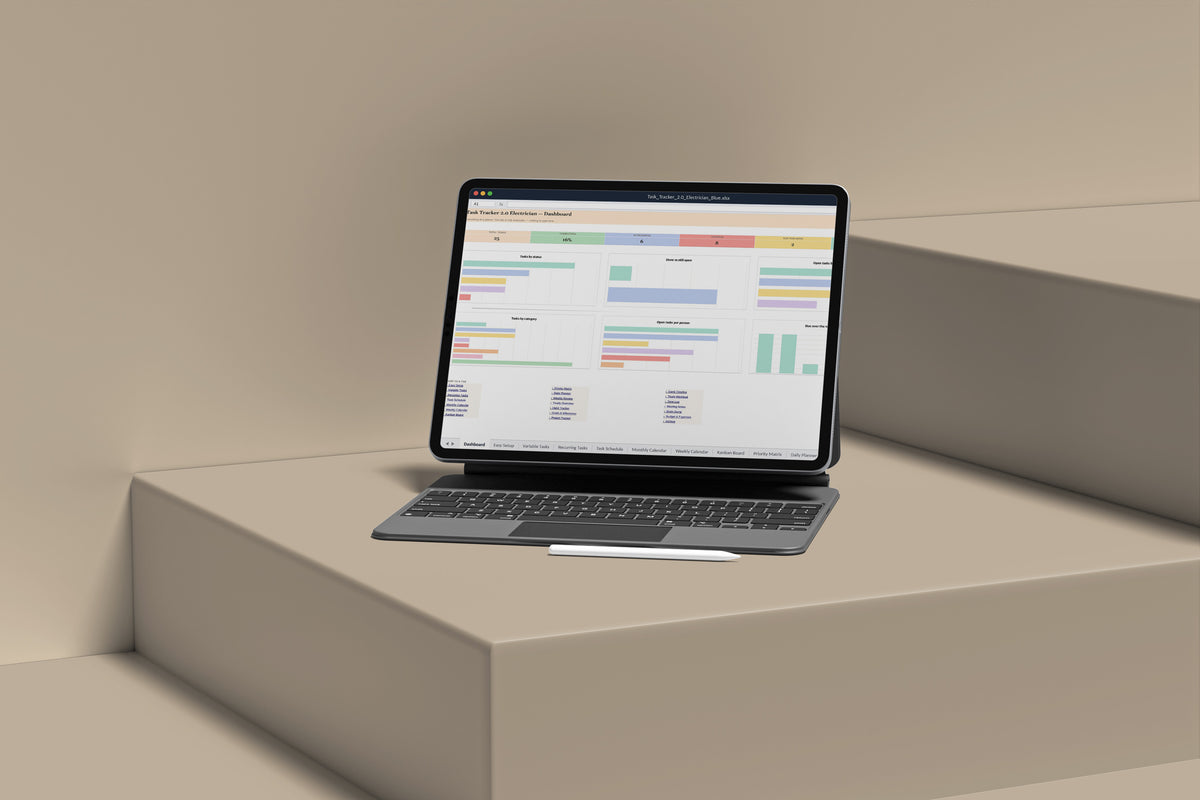 Task Tracker Electrician Excel template on an iPad with keyboard