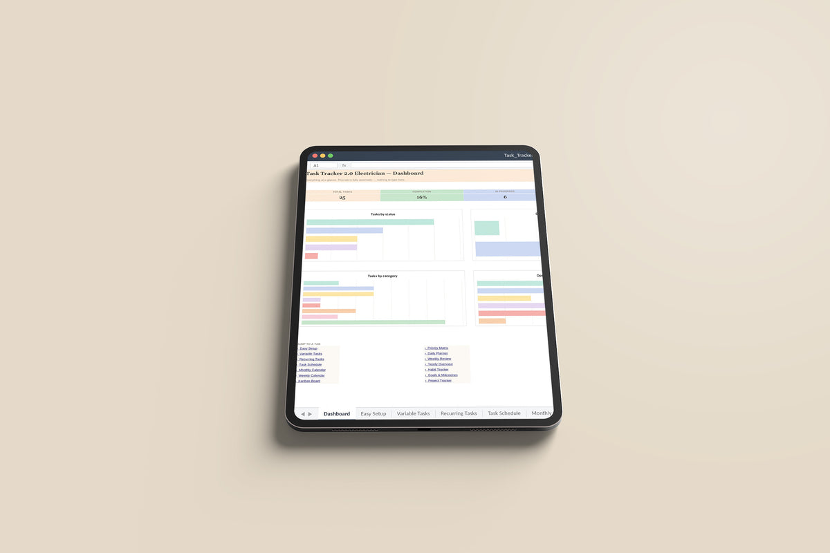 Task Tracker Electrician Excel template on an iPad Pro
