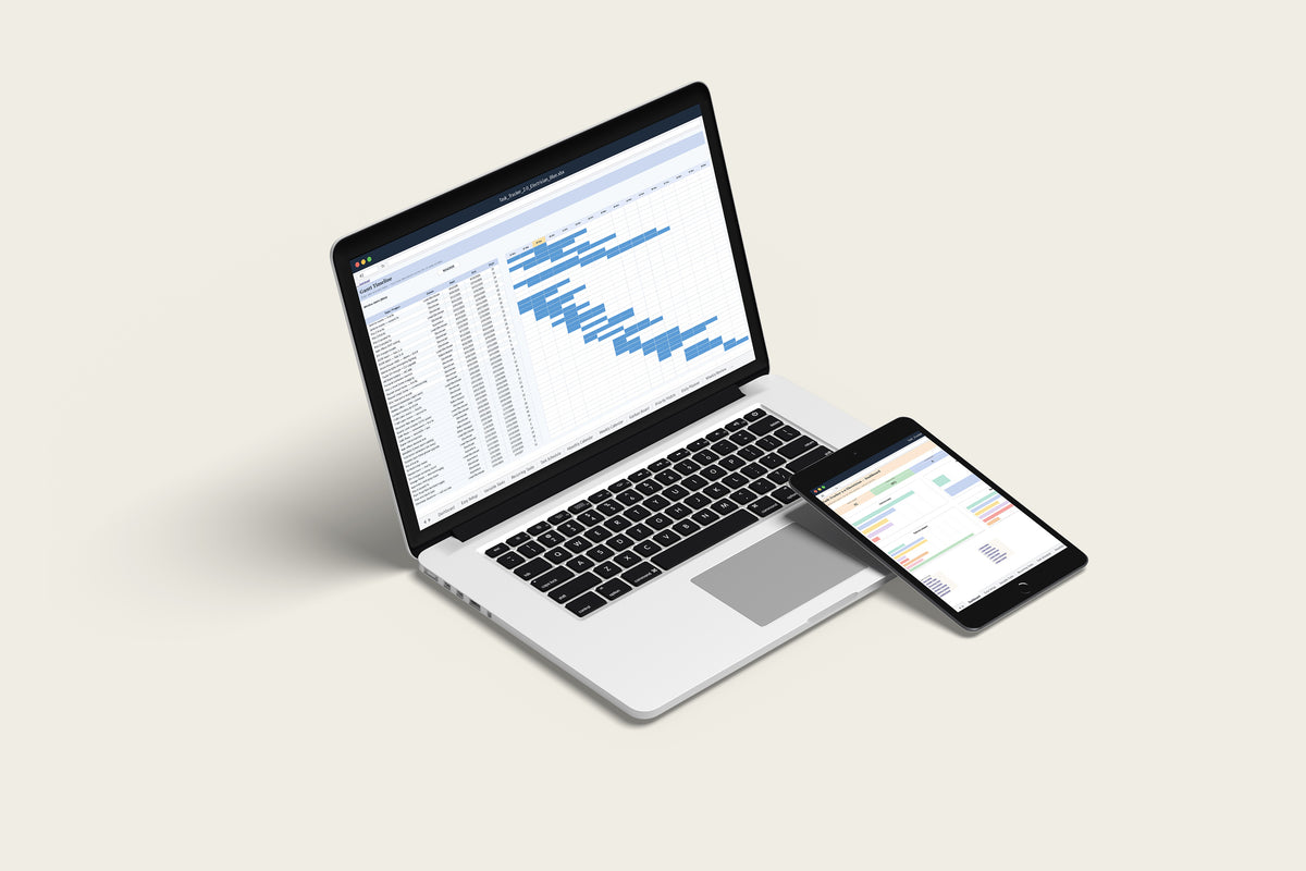 Task Tracker Electrician Excel template on a MacBook and iPad, second view