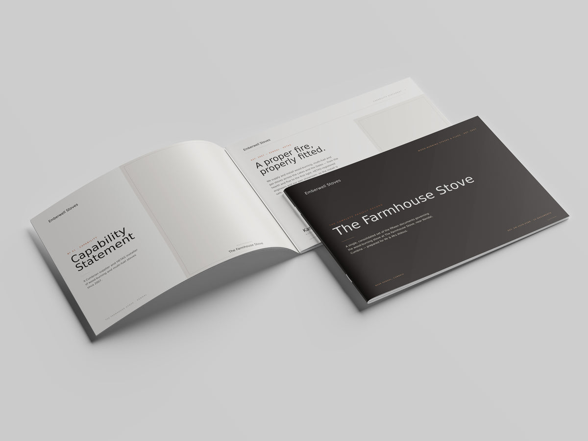Stove & Flue Installer Project Pack in PowerPoint, printed and open at the first pages
