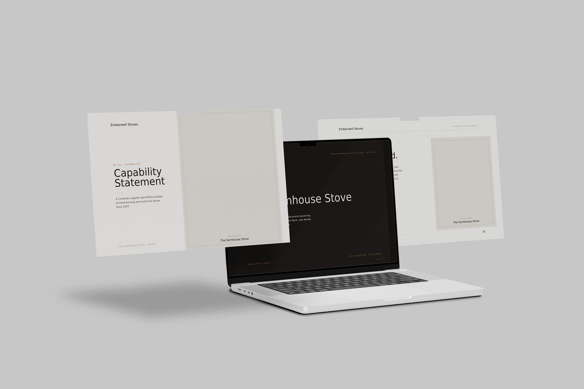 Stove & Flue Installer Project Pack in PowerPoint, shown on laptop screens