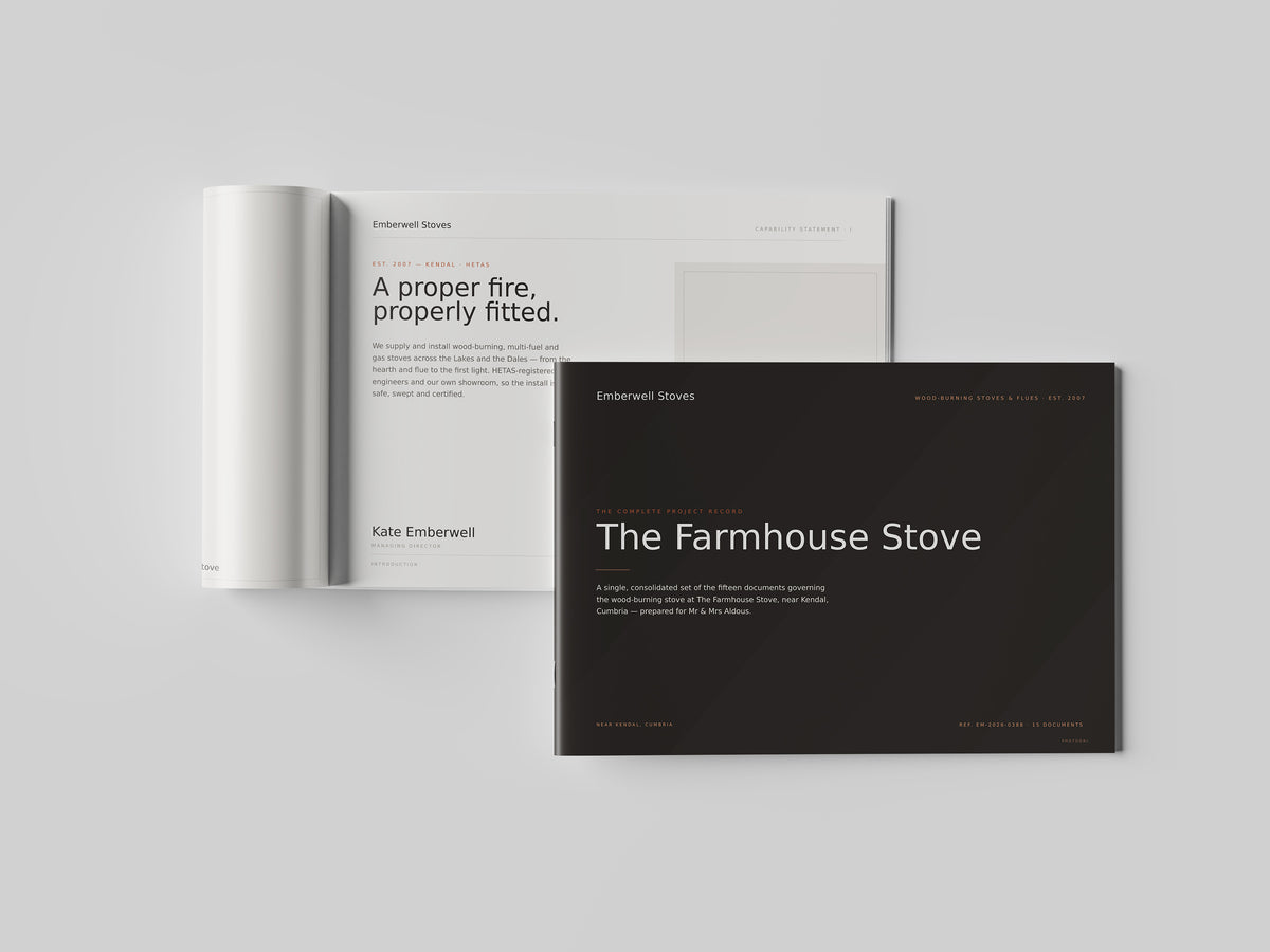 Stove & Flue Installer Project Pack in PowerPoint, printed and open at an inside page