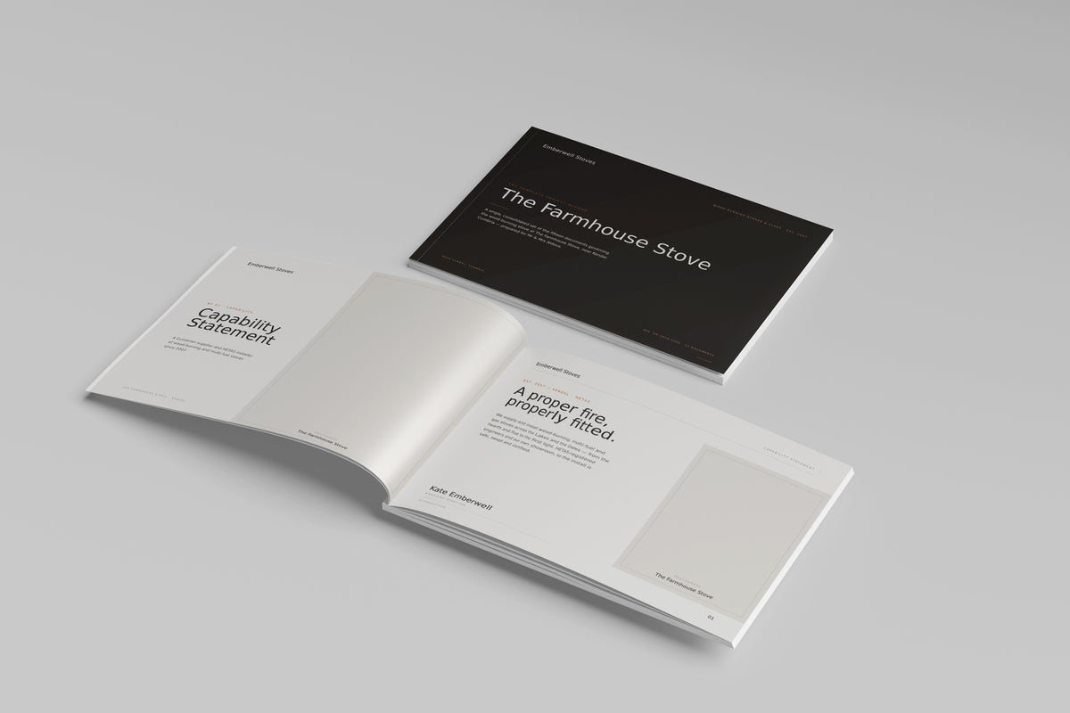 Stove & Flue Installer Project Pack in PowerPoint, printed cover shown at an angle
