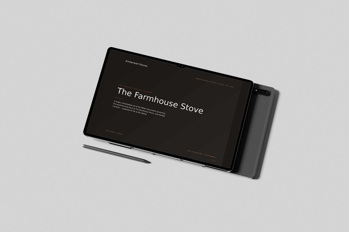 Stove & Flue Installer Project Pack in PowerPoint, shown on a tablet