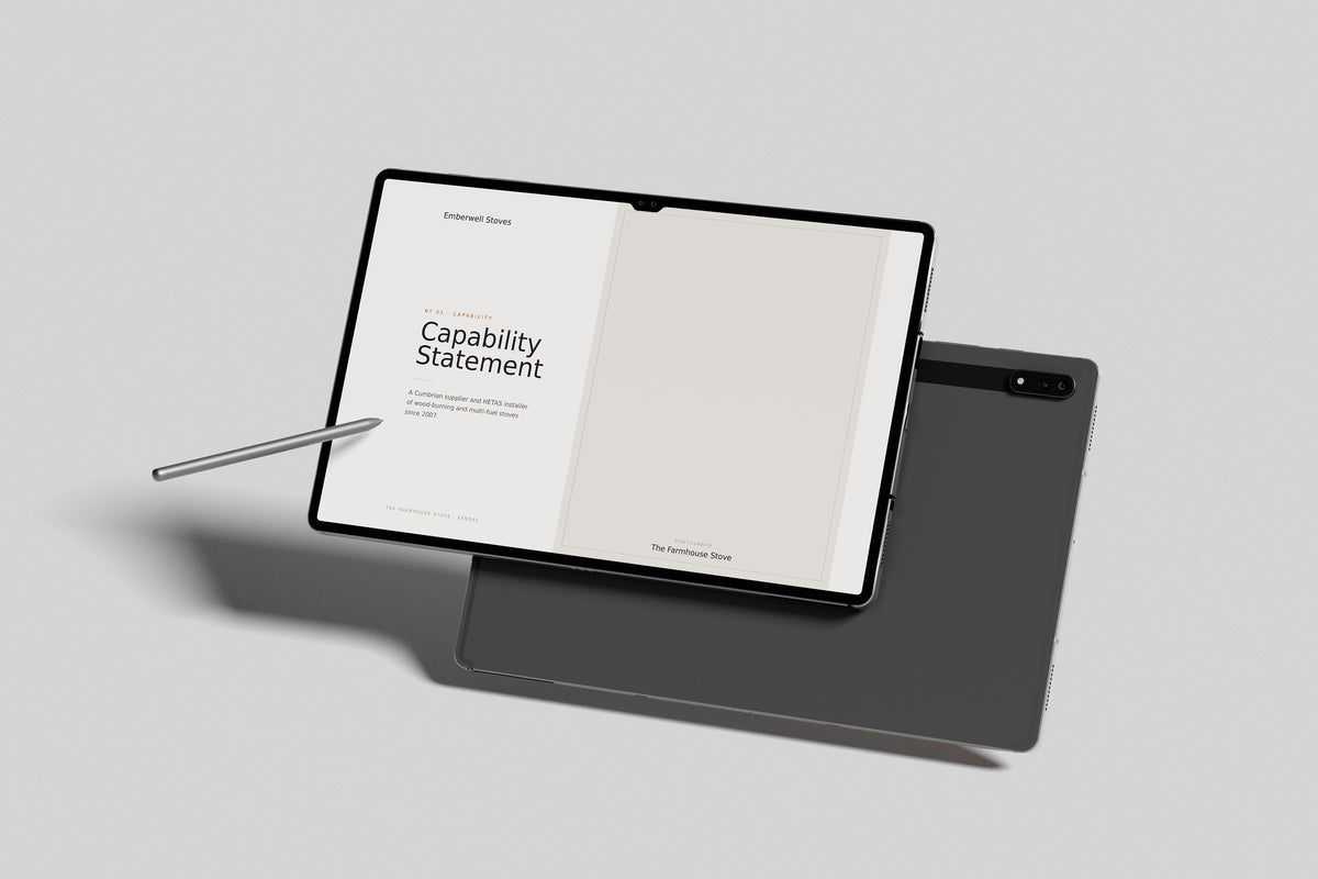 Stove & Flue Installer Project Pack in PowerPoint, inside pages shown on a tablet