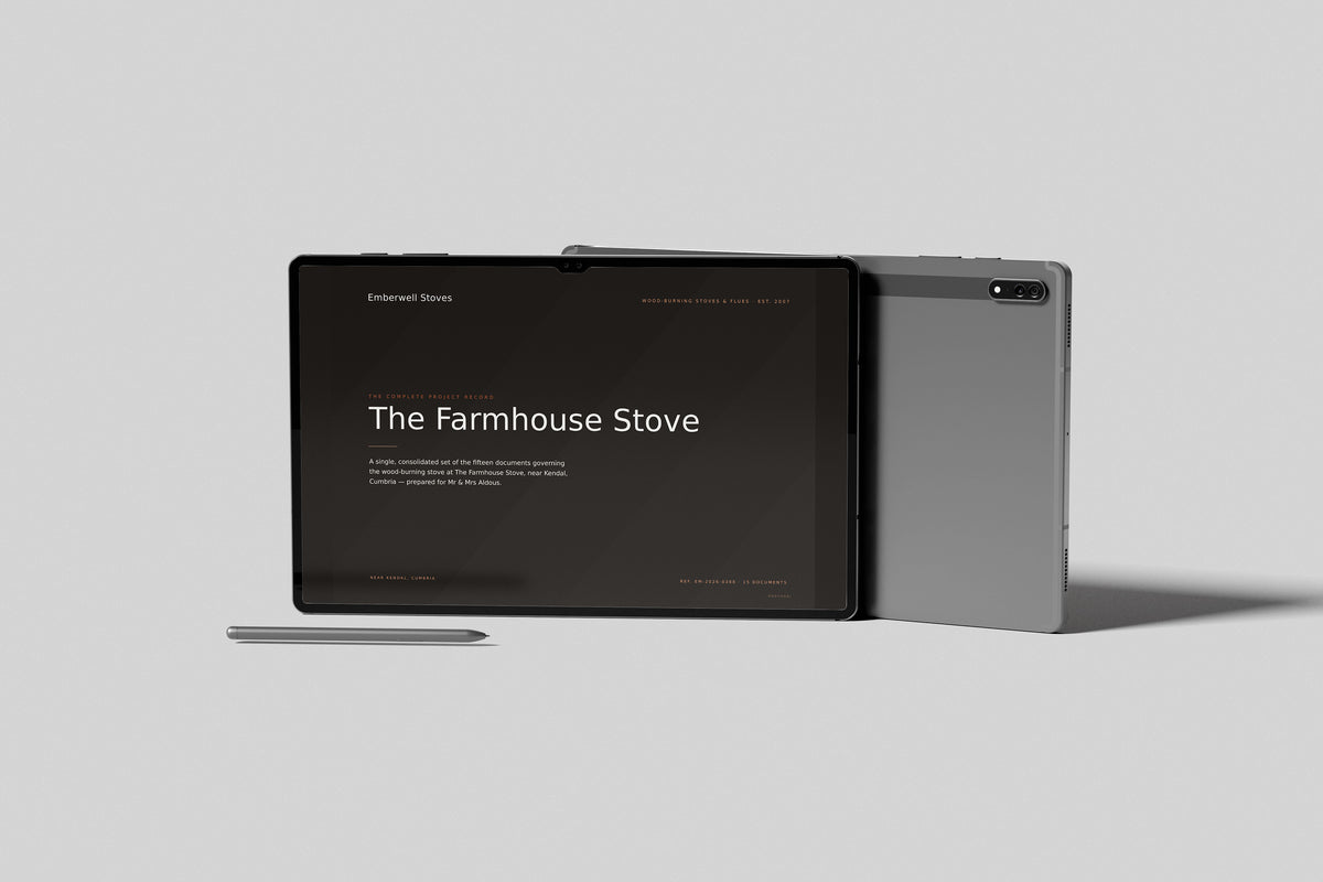 Stove & Flue Installer Project Pack in PowerPoint, shown on a tablet