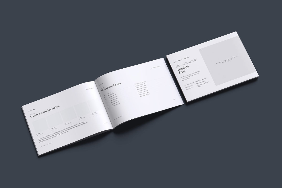 Equestrian Arenas and Stables Client Package, Ivory colourway, cover and inside spread mockup