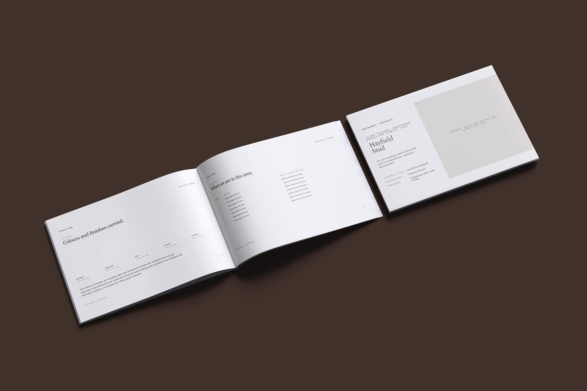 Equestrian Arenas and Stables Client Package, Oat colourway, cover and inside spread mockup